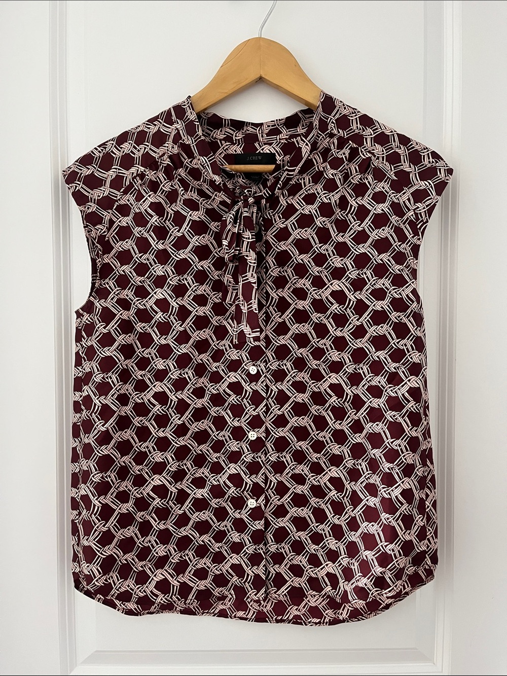 J. Crew Silk Burgundy and White Tie-Neck Geometric Sleeveless Blouse